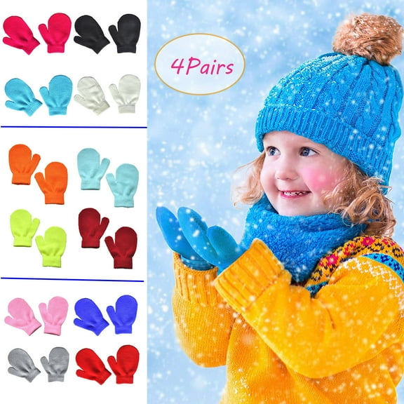 4 Pairs Toddler Magic Stretch Mittens Winter Warm Kids Knit Gloves for Little Girls Boys