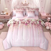 jejeloiu Geometric Stripes 7pcs Bedding Comforter Set,Rustic Flower Floral Queen Bedding Sets,Pink Lines Queen Sheet Sets For Girls,Microfiber Bedroom Decor Reversible