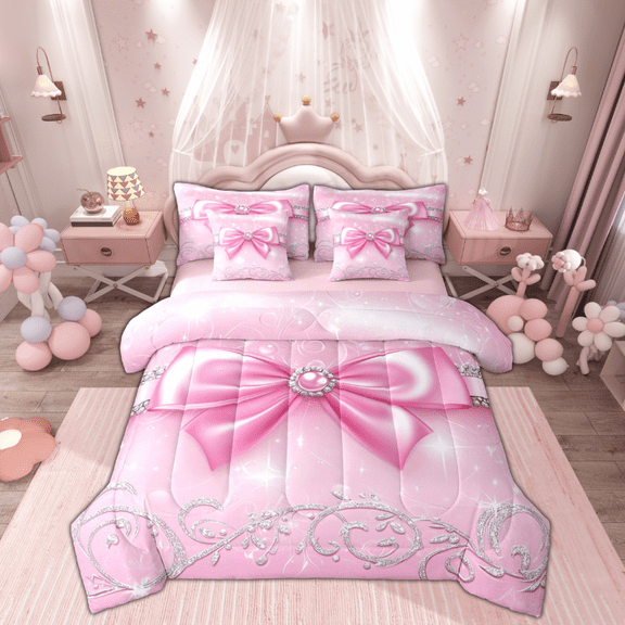 Manfei Bling Pink Bowknot Twin Bedding Sets 7-Piece for Kids, Diamond Floral Print Bedding Comforter Set, Princess Bow Style Reversible Sheet Sets, Luxury Bedroom Decor