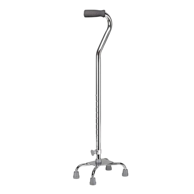 Bastón 4 Apoyos con Base Corta Altura Ajustable Fabricado en Aluminio Empuñadura Acojinada (para Uso Izquierdo O Derecho) Soporta hasta 120 Kg (Cromado)