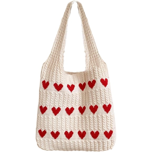 LinYooLi Women Large Heart Patten Acrylic fibers Knit Shoulder Bag Beach Travel Top-handle Bag Tote