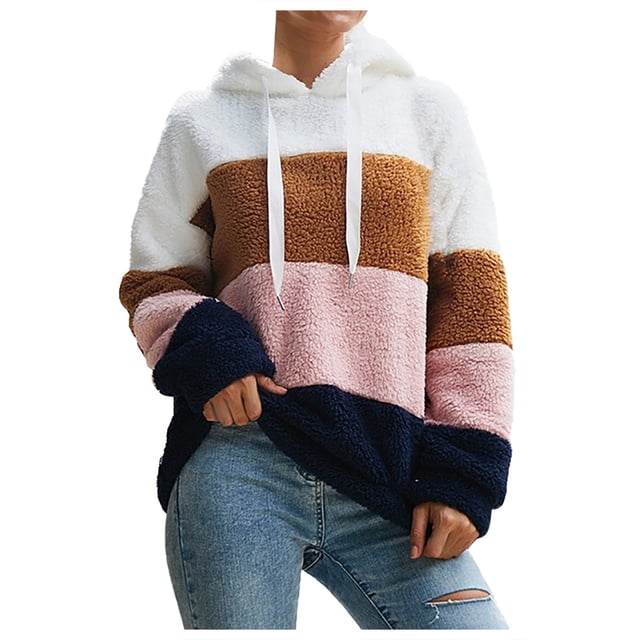 CEHVOM Blouse à Capuche en Peluche Contrastée pour Femmes Manches Longues en Coton