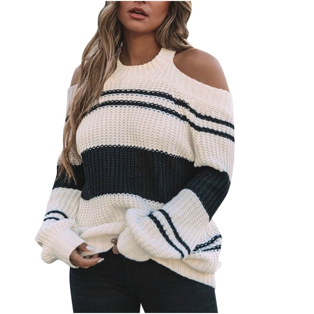 Suéteres para mujer Suéteres de otoño Cuello redondo Moda Manga larga Color a juego Suéter suelto Rayas Tops Blusa de punto Odeerbi ODB-5