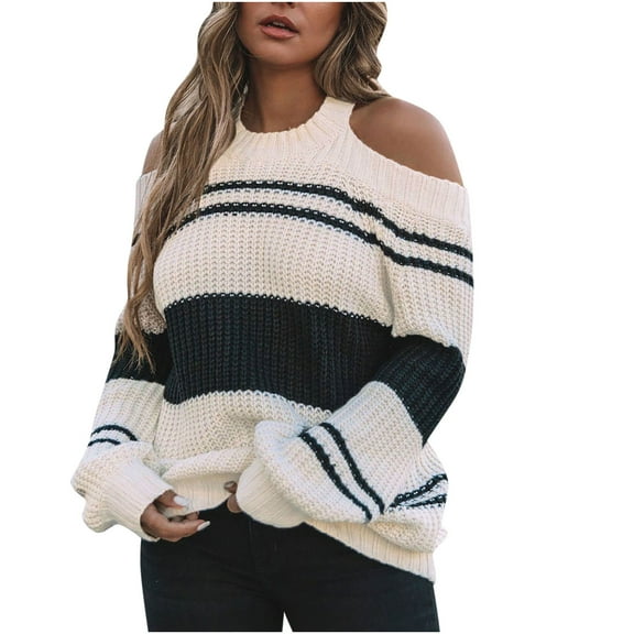IROINNID Reduced Womens Sweater Round Neckline Pullover Sweater Stripes Comfy Mid-Length Long Sleeve Matching Tops Blouse Knitted Sweater
