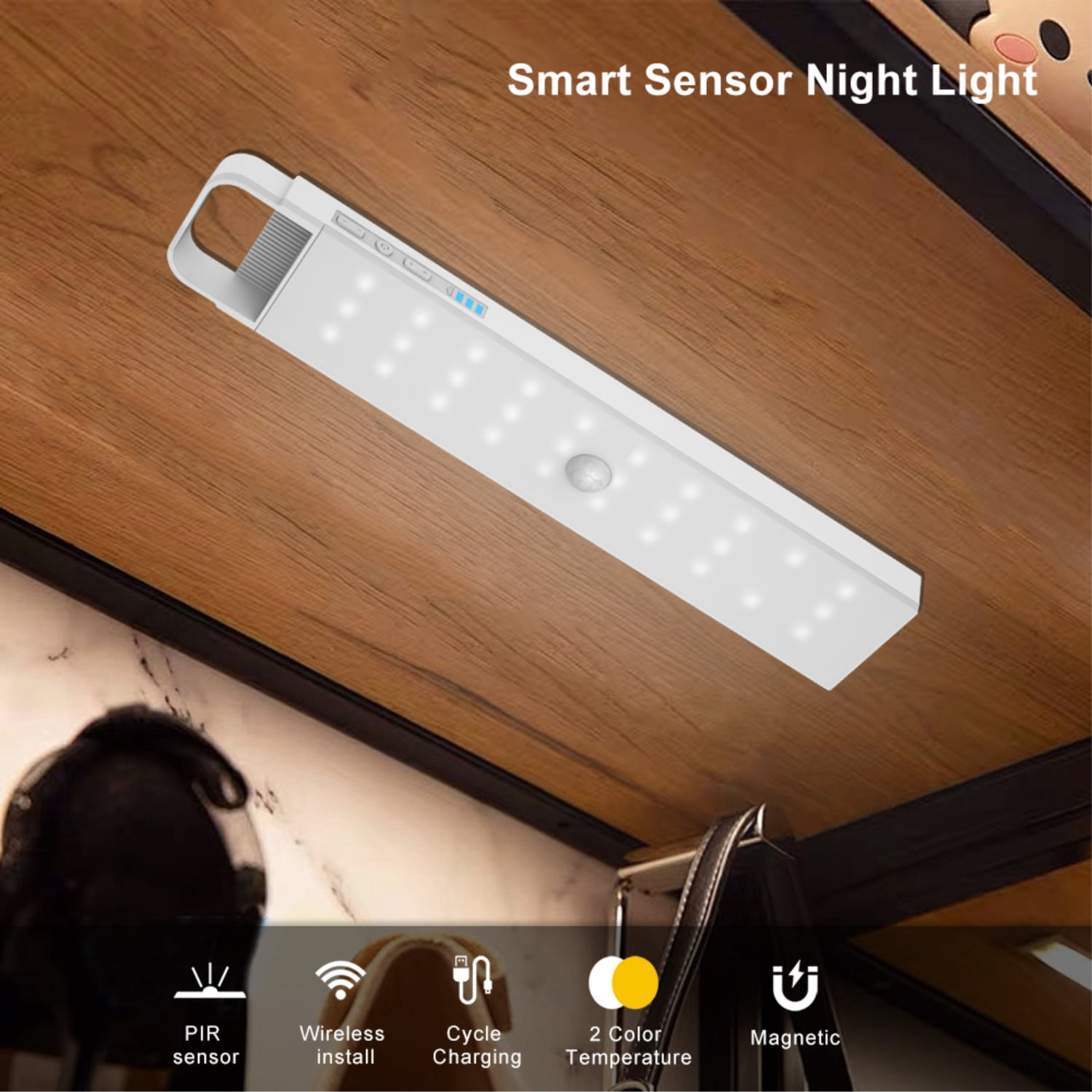 1000mAh Motion Sensor Light, 60-LED Under Cabinet Lighting, 2-Color Magnetic Rechargeable Wireless Closet Night Lights Bar (4 pack)