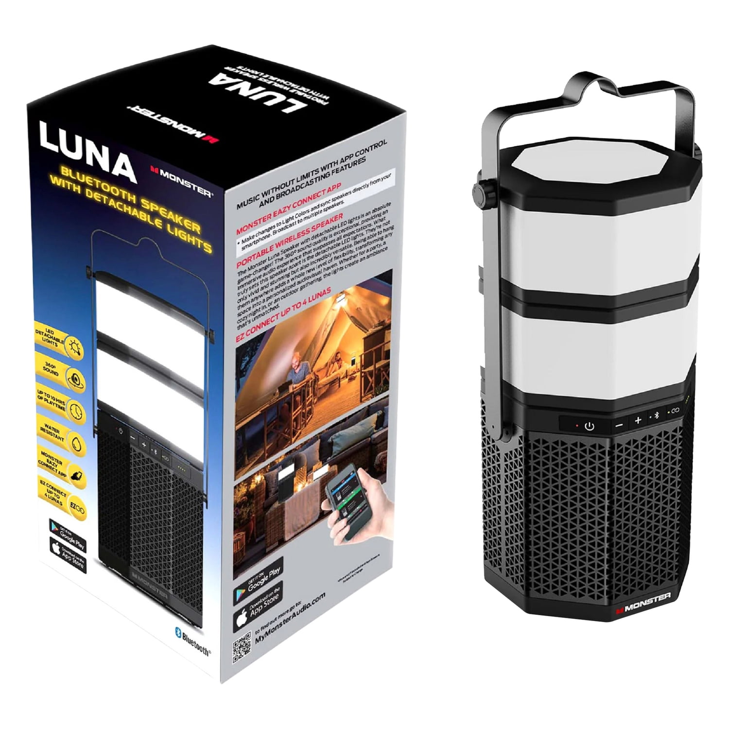 Monster 20-Watt LUNA Portable Rechargeable Bluetooth Speaker with Detachable Lights, 360° Sound, IPX5 Water-Resistant, up to 10 Hours Battery Life
