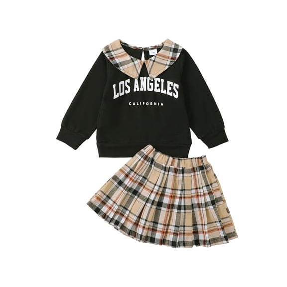 Kucnuzki 3T Toddler Girls Winter Outfits 4T Toddler Girls Skirt Sets Long Sleeves Pullover Top Letter Print Sweatshirt Top Plaid Print Skirt Pleated Skirt 2PCS Sets Black