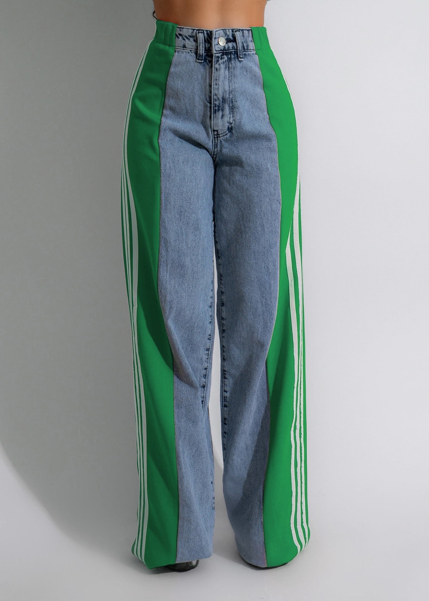Two-Tone High-Waisted Wide-Leg Jeans with Striped Side