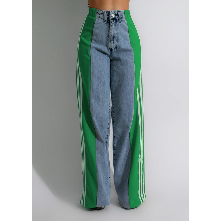 デニム・ジーパン HUECLOSET (set-up) Pigment Two-tuck WideDenim(3colors) BNE74 Two-Tone High-Waisted Wide-Leg Jeans with Striped Side