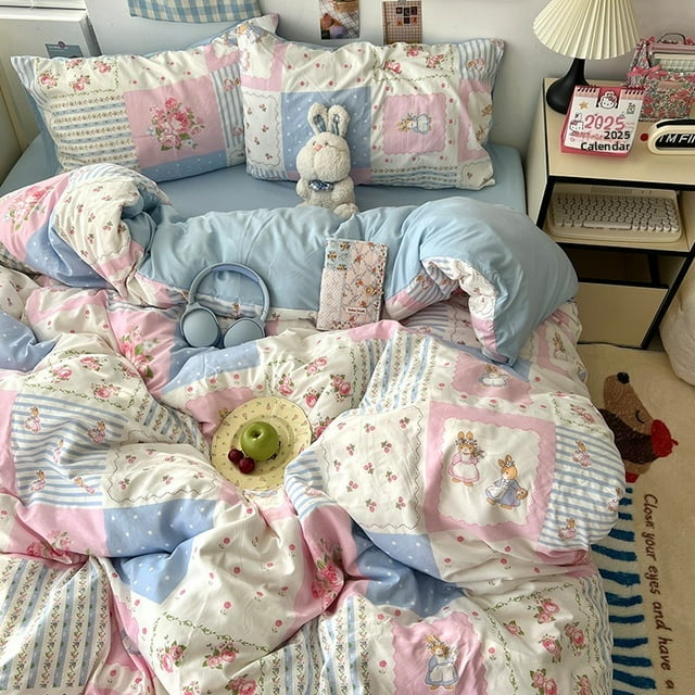 Double Print Waffle Cotton Bedding Set with Duvet Cover Pillowcases for Home