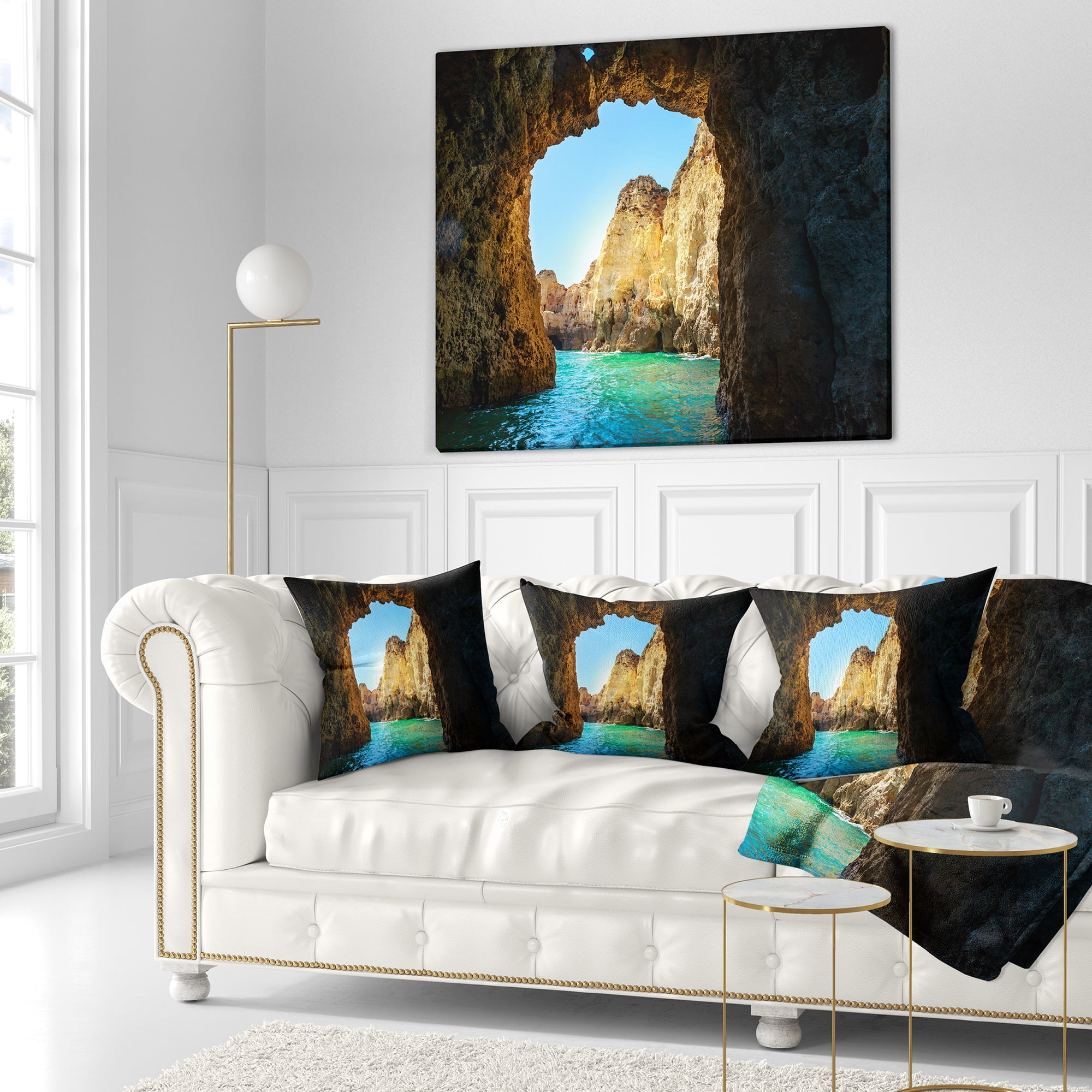 Designart Sea through Rocky Cave Portugal - Seashore Throw Pillow - 18x18