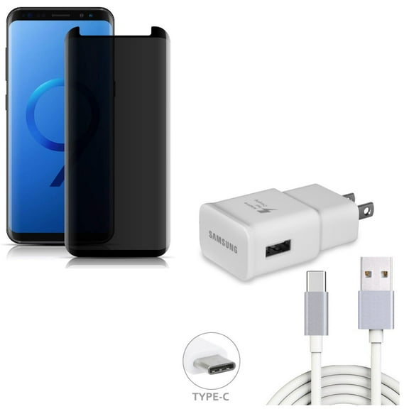 Compatible With Samsung Galaxy S9 - Anti-Peep Tempered Glass Privacy Screen Protector 3D w Home Wall Adaptive Fast Charger 6ft Type-C USB Cable Data Sync Wire