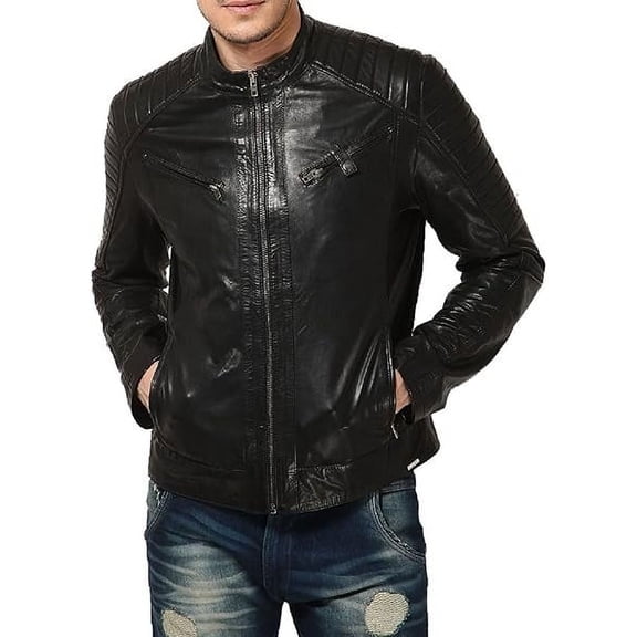 Men's Genuine Black Lambskin Leather Jacket Biker Soft Stylish Motorcycle Jacket A795