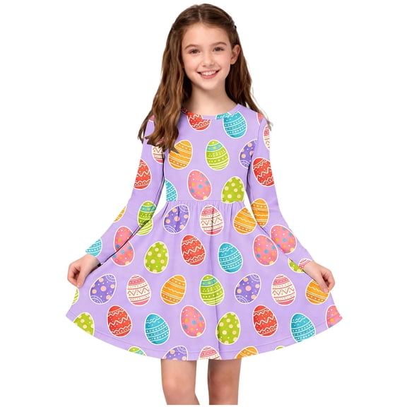 Xdegoge Classic Kids Girls Easter Dress Cute Bunny Egg Graphic Printed Tween Summer Sundress Knee Length Swing Long Sleeve Spring Holiday Event Outfit Casual Daily Play Wear for Teen