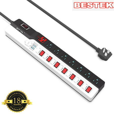 BESTEK Power Strip Surge Protector, 6Ft 8-Outlet Surge Protector With Dual USB Energy-Saving Master/Individual Switches Control