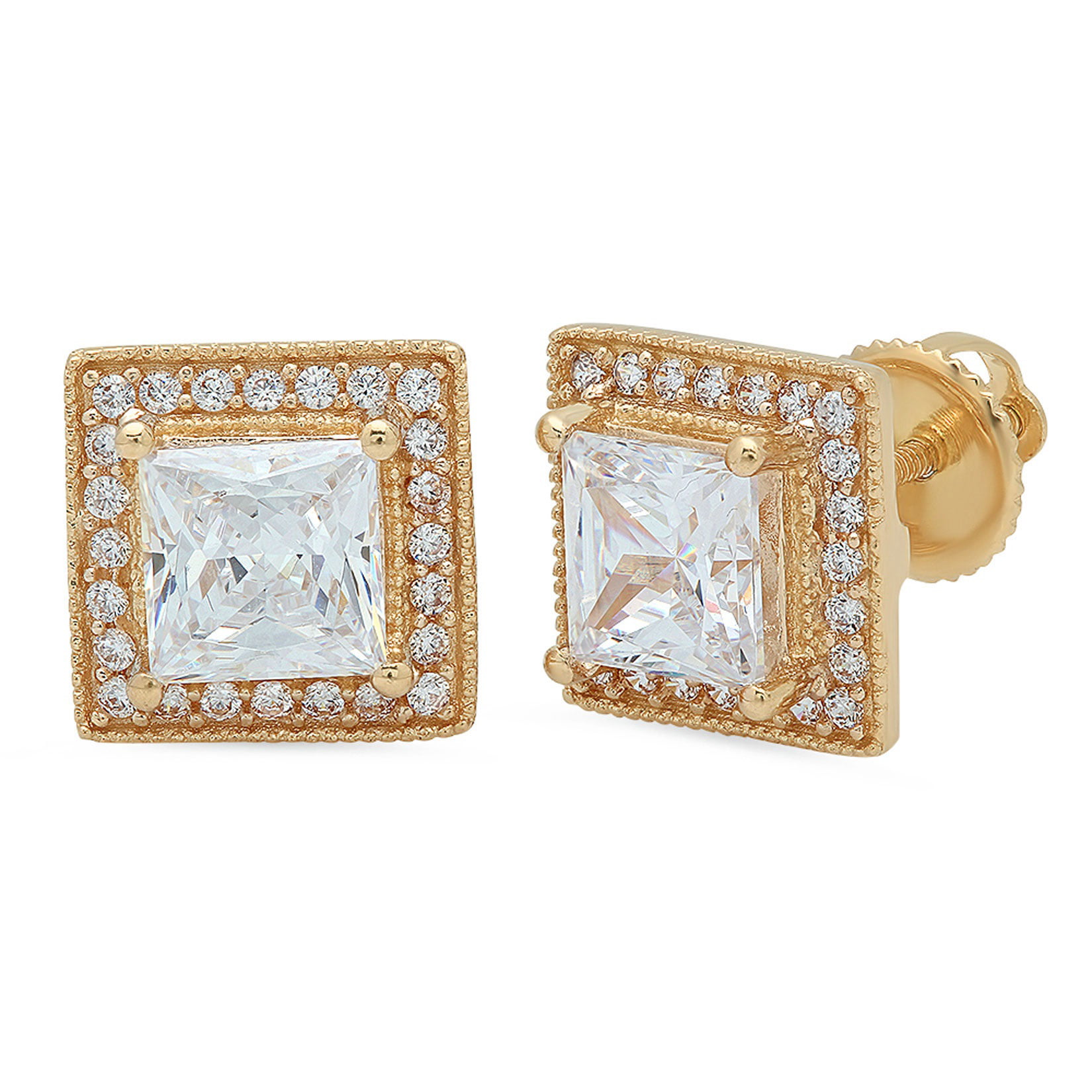 2.25 Ct Princess & Round Cut Simulated Diamond Square Shaped Halo Stud Earrings 14K Yellow Gold Plated 