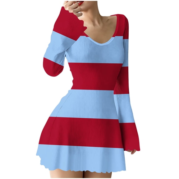 VEKDONE Womens Fall Dresses Striped Sweater Dress Casual Long Sleeve V Neck Slim Fit A Line Dress Ribbed Knit Stretch Swing Mini Dress Blue XXL