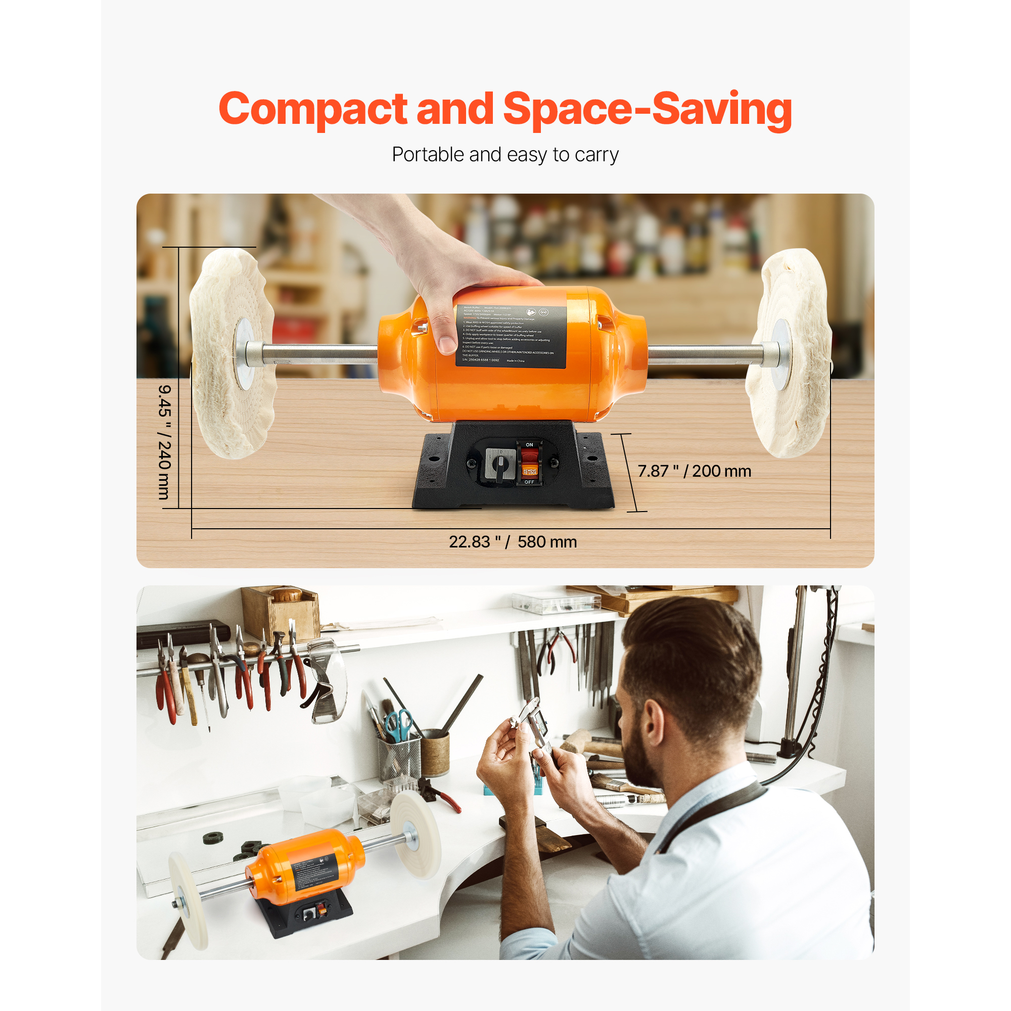 KFFKFF 1/2HP Bench Buffer Polisher, 8-inch Bench Buffing and Polishing Machine, Dual Speed 1725RPM/3450RPM with Cotton Wheels & Durable Cast Iron Base for Metal, Jewelry, and Wood Finishing