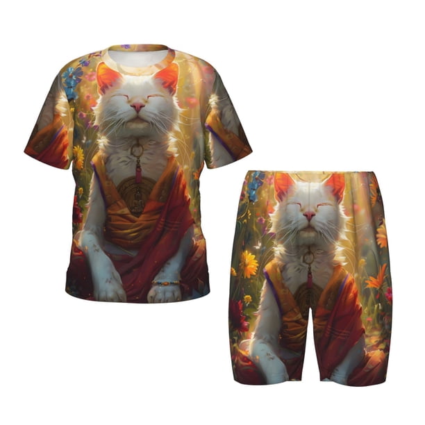 Balery Sunshine Flower Meditating Cat Conjunto de Pijama Infantil de Manga Corta con Estampado – Ropa de Dormir de Algodón Suave-Small