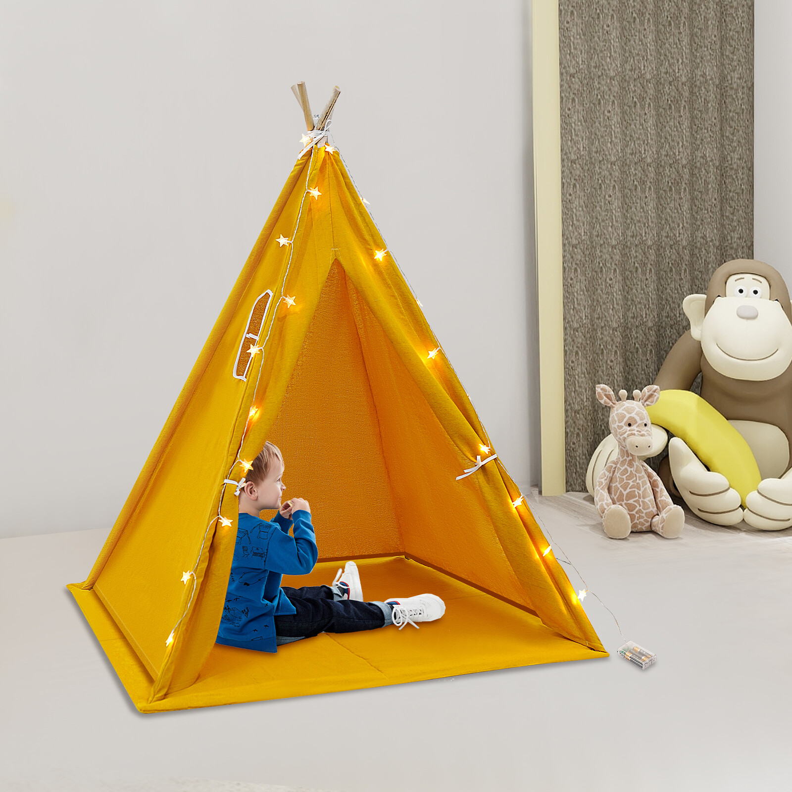 Kids Tent with String of Lights&Window&Floor Mat , Yellow, Camping Tent for 1-3 Kids(Aged 1-12)