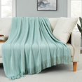 thumbnail image 1 of HTOOQ Couverture Jetée Décorative en Tricot avec Franges, Douce et Confortable, Couverture à Pompons pour Canapé, Sofa, Lit (Vert Pâle, 5HTOOQ x6HTOOQ ), 1 of 7