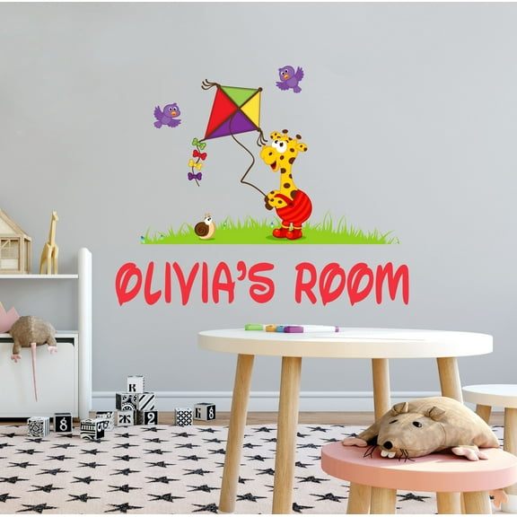 KIDS ROOM - Adhesive Customized Name Vinyl Animal Décor Sticker Young Giraffe Birds Multicolored Kite Design Removable Kids Bedroom Playroom Wall Decal 10" x 8"