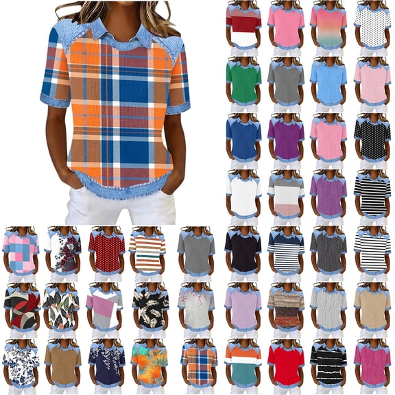 Ygbgbb Women's Waffle Knit Tops Lightweight Spring Summer Casual Shirts Color Block Short Sleeve Collared Blouses for Daily Wear White XXXL