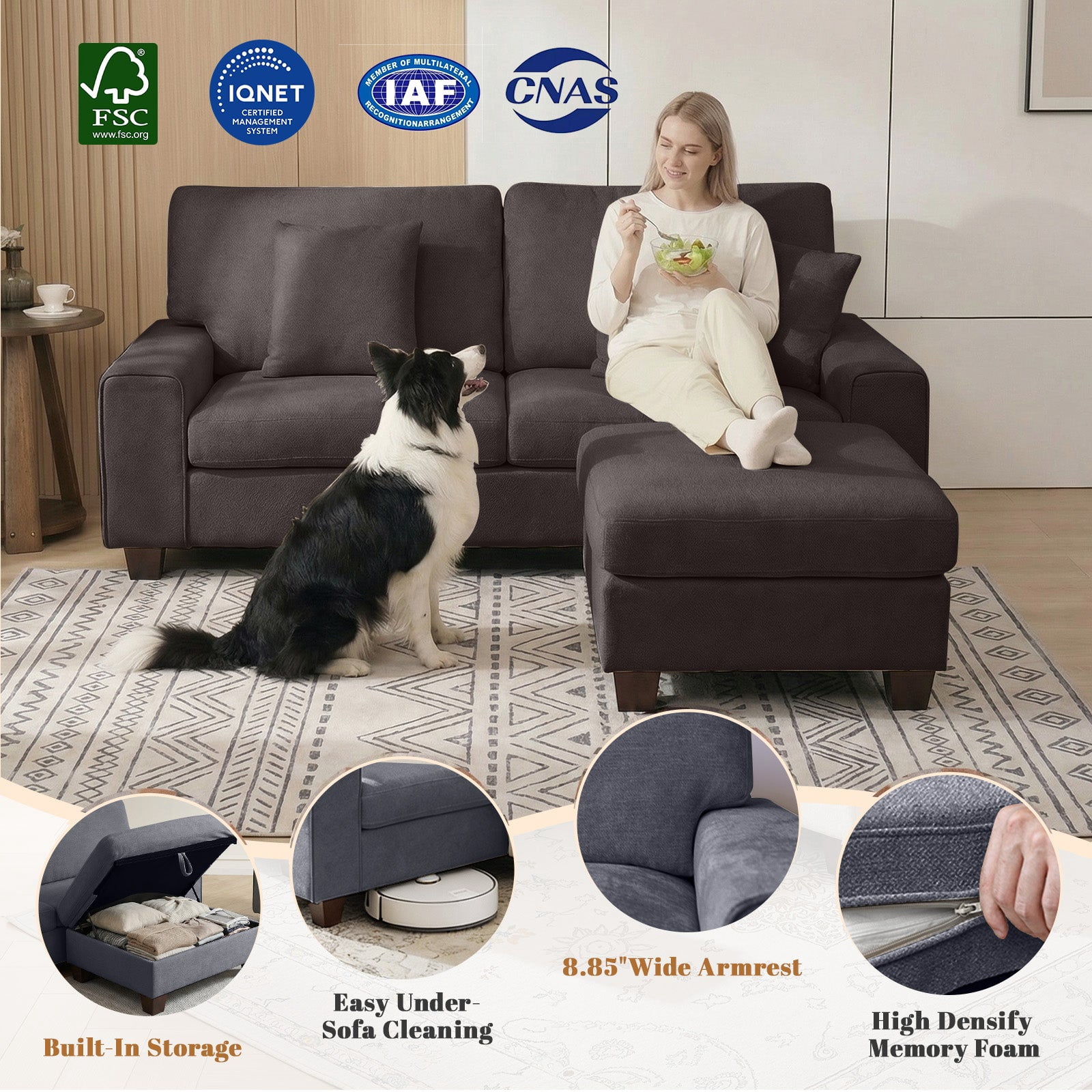 Poshby 88.58''W Sectional Sofa 3 Seater Couch with Chenille, Modern Square Arm for Living Room, Dark Gray