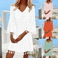 thumbnail image 5 of Dvprdro Women Sundress Summer Fashion Solid V Neck 3/4 Sleeve Pleated Flowy T-shirt Casual Loose Beach Mini Dress on Clearance, 5 of 5