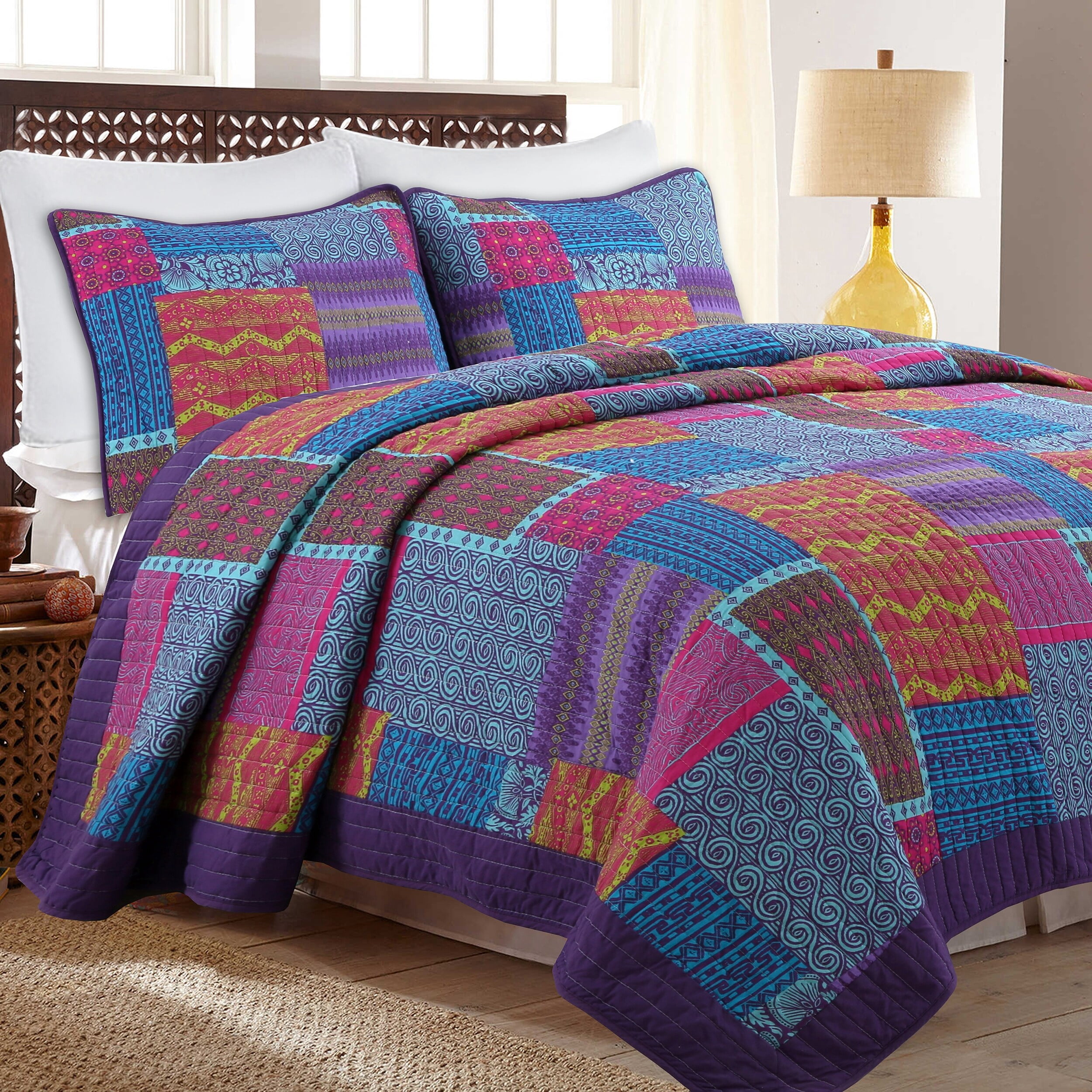 Cozy Line Home Fashions Aldiana 3-Piece Purple Patchwork Reversible Cotton Quilt Bedding Set, Queen
