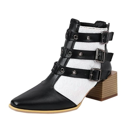 OJSFQUFP Womens Shoes Winter Warm Boots Women s Autumn and Winter Fashion Belt Buckle Matching Color Mid Heel Ankle Boots Round Head Back Zipper Ankle Boots Heeled Combat Boots for Women White 40