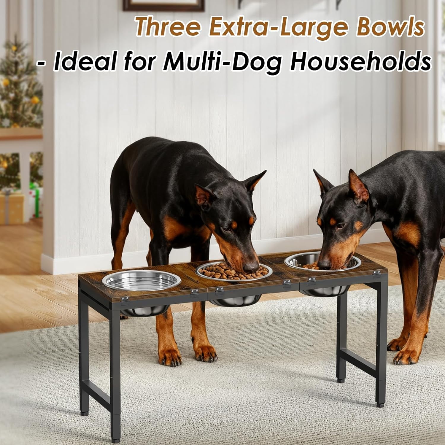 Flymer Adjustable Elevated Dog Bowls Stand for Large Dogs - 15'' to 20.5'' Height Triple Bowl Feeder with Wood Trays & Bowls (3500ML Capacity)