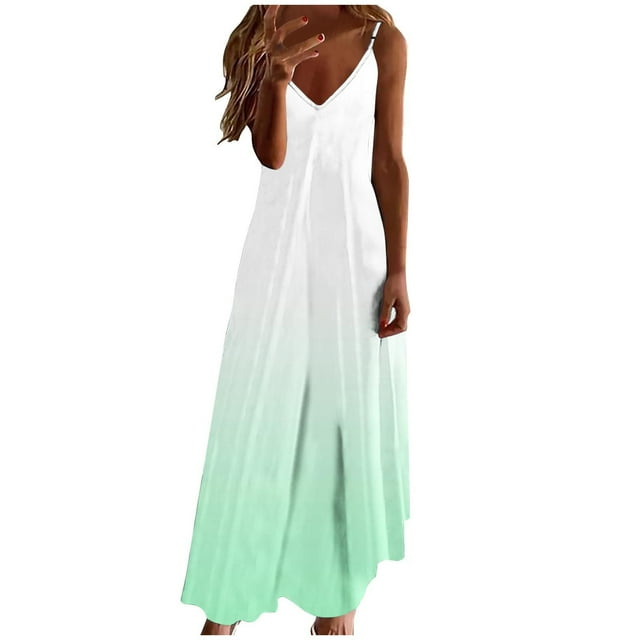 hotojiny Robes Maxi pour Femmes 2025 à Bretelles Spaghetti à Col en V Robe Fluide Tendance Sans Manches Dégradé Ligne A Robes d'Été