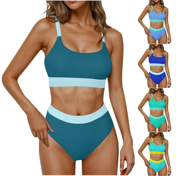UTSJKR Womens High Waisted Bikini Sets Sporty 2 Piece Swimsuits Color Block Full Coverage Modest Tummy Control Bathing Suits Green S