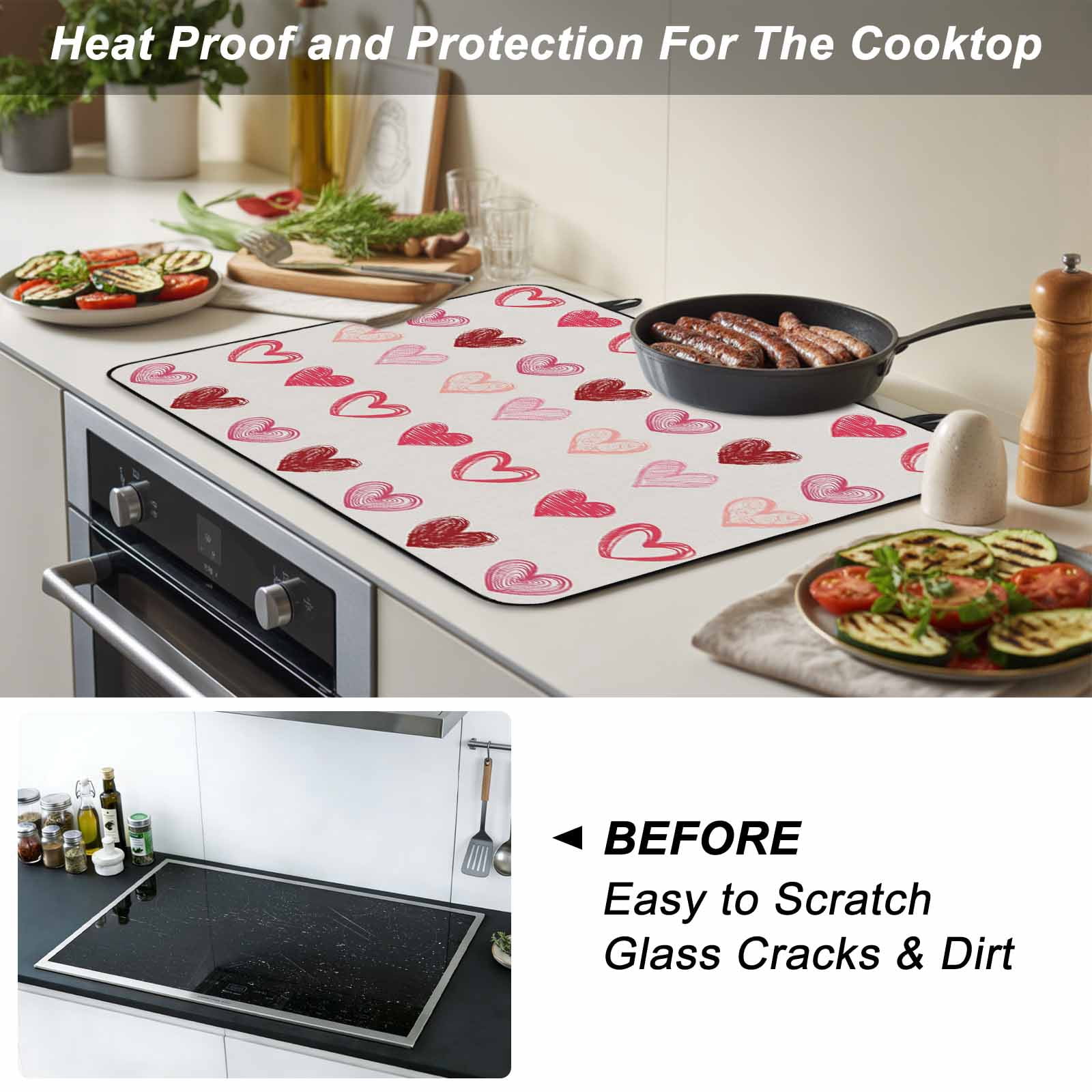Valentine's Day Stove Top Cover for Electric Stove, Heat-proof & Non Slip Glass Top Stove Cover Protector, Colorful Loves Heart Romantic Beige Kitchen Flat Cooktop Rubber Mat 24x21 Inches