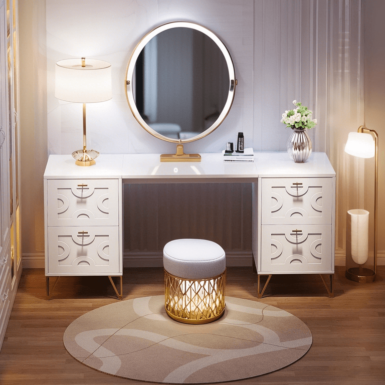 white dressing table with gold legs Modern Style Vanity Table With Mirror, 3-colors LED Light, Movable Side Cabinet, 4-Drawers and Stool, White, Golden Legs - Bed Bath & Beyond