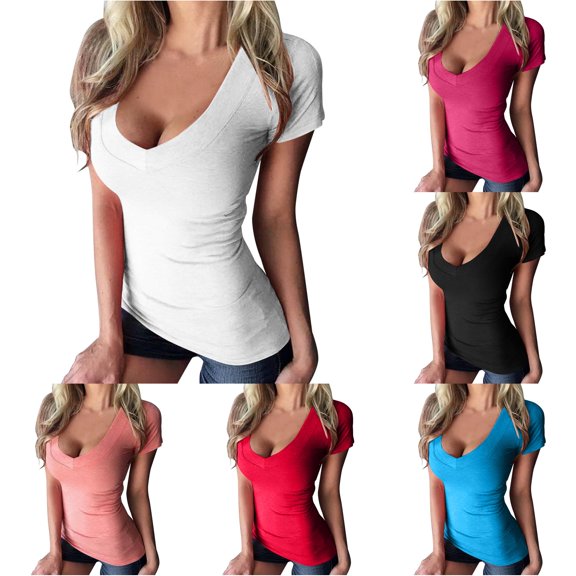 HCYSFG Women's Casual Fitted T Shirts Deep V-Neck Short Sleeve Plain Solid Color Form Fitting Slim Activewear Top Summer Base Layer Classic Basics Everyday Tee