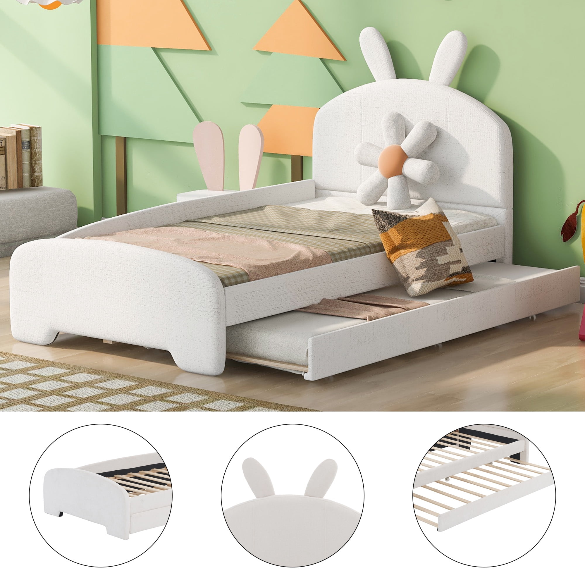 Aukfa Twin Size Upholstered Platform Bed with Trundle and Bunny Ears Headboard for Kids Girls, White