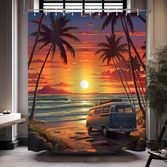 Summer Shower Curtain Tropical Coconut Palm Beach Camping Car Tour Bus Shower Curtain Palm Tree Ocean Sea Setting Sun Sunset Scenery Landscape Bathroom Decor Set with12 Hooks 72x72 inches (B)