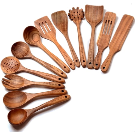 12 Pack Wooden Spoons for Cooking - Natural Teak Kitchen Utensils Set with Spatulas