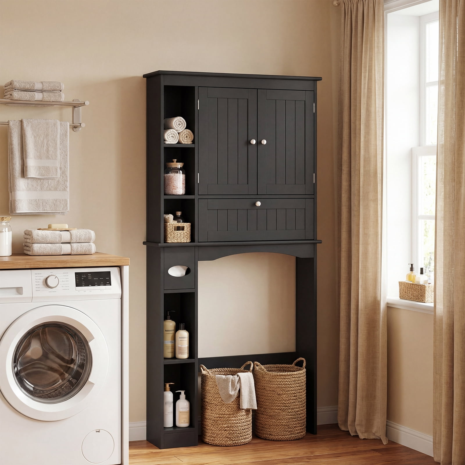 Costway Over the Toilet Storage Cabinet with 2 Doors, Adjustable Shelf & Bottom Bar, Black