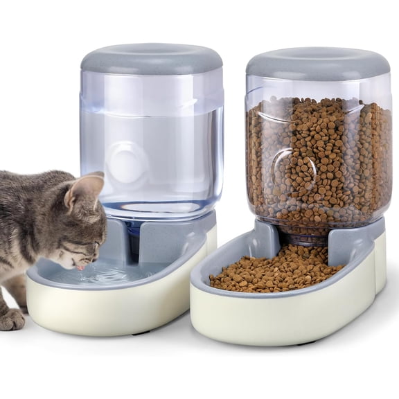 2-Pack Automatic Cat & Dog Feeder Water Dispenser Set, 1 Gallon Gravity Pet Food Waterer for Small Medium Puppy Kitten, 7-Day Supply