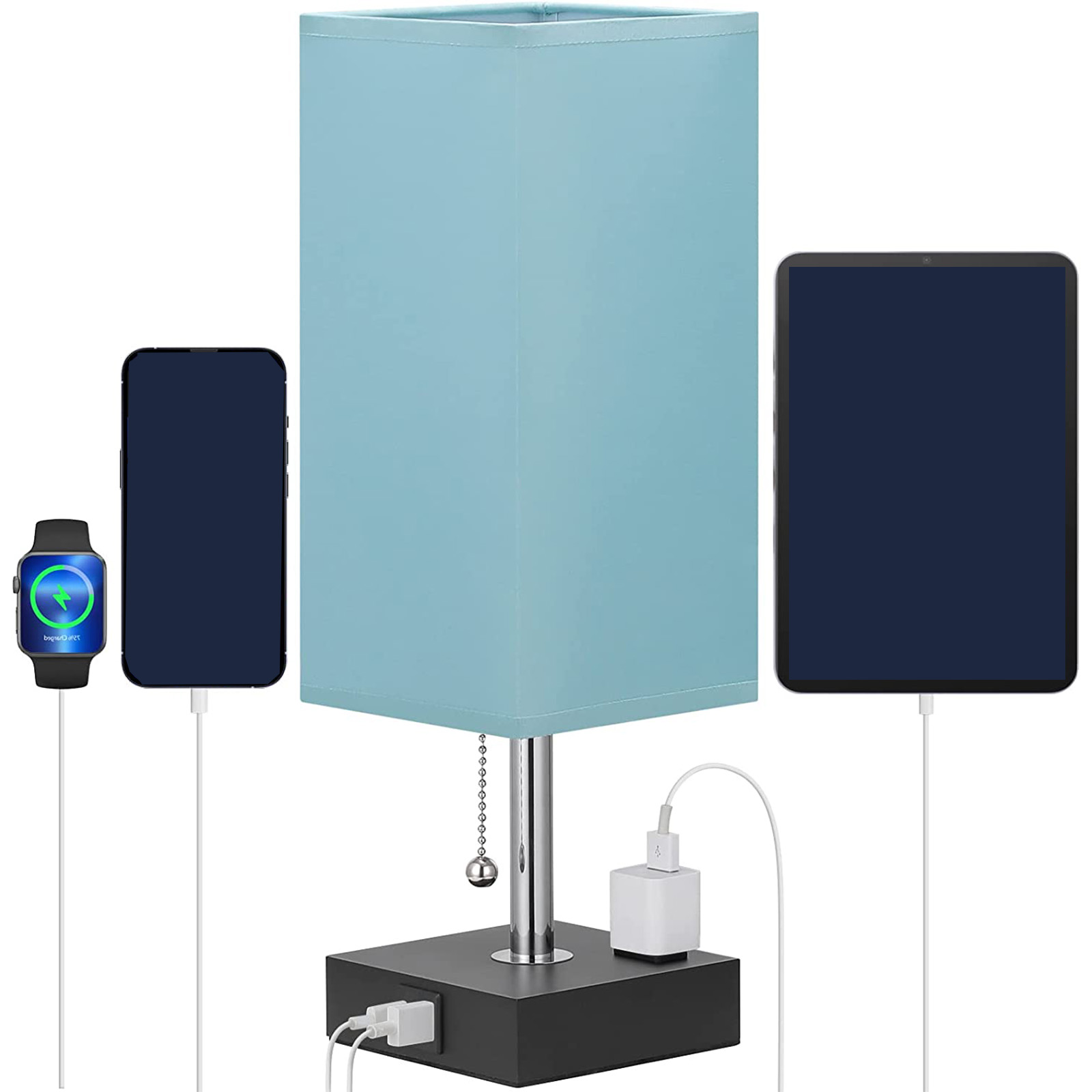 Teal Bedside Lamp USB Port Table Lamp with USB C + A Charging Port & AC Outlet for Bedroom