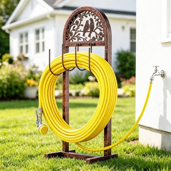 Garden Hose Holder for Outside, Water Hose Reel Freestanding with 4 Stake, Heavy Duty Metal Hose Stand Storage Rack Holds 150Ft(Antique Bronze)