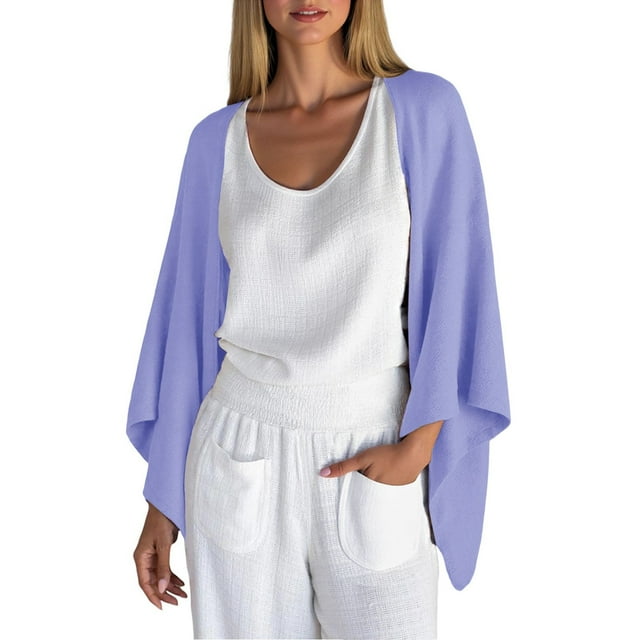 KIHOUT Women's Fashion Cardigan Shrug 3/4 Sleeve Open Front Solid Color Loose Lightweight Cover Ups