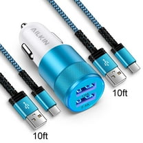 Car Charger Adapter Usb C,AILKIN Set of 3PACK Car Charger for Android Type C Car Charger Fast Charging Cigarette Lighter Adapter with 2PACK Usb Type C Charging Cable 10ft,Blue