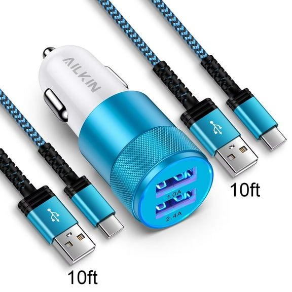 Car Charger Adapter Usb C,AILKIN Set of 3PACK Car Charger for Android Type C Car Charger Fast Charging Cigarette Lighter Adapter with 2PACK Usb Type C Charging Cable 10ft,Blue