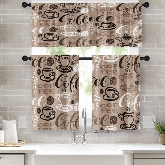 Kitchen Curtains 3 Piece Set,Coffee Curtains for Kitchen Windows,First Cute Drawn Doodle Lettering Food Banner Restaurant Black Creative Kitchen Curtains Valance for Cafe Living Room Window Decor