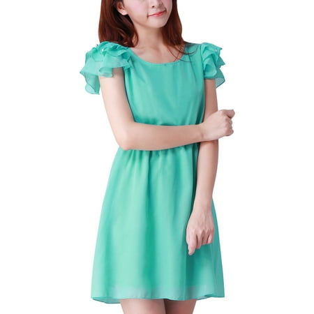 Fur Ruffle - Pullover Scoop Neck Ruffled Short Sleeve Dress for Women