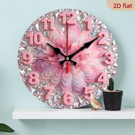 2D Flat 1pc 10Inch Wooden Elegant Pink Diamond Design Accent Wall Clock - Modern Round Movement with Hands, 10 Inch Large Face, Design for Living Room, Bedroom, Office - Christmas Halloween